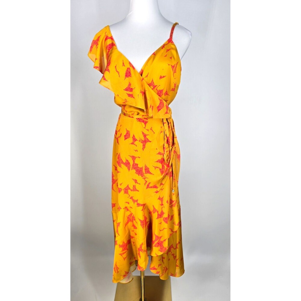 Ted Baker Midi Dress Orange Yellow Tropical Floral Leafs TB 2 US 6